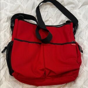 Skip Hop Red Canvas Shoulder Baby/Diaper Tote with Multi Front/Inner Pockets